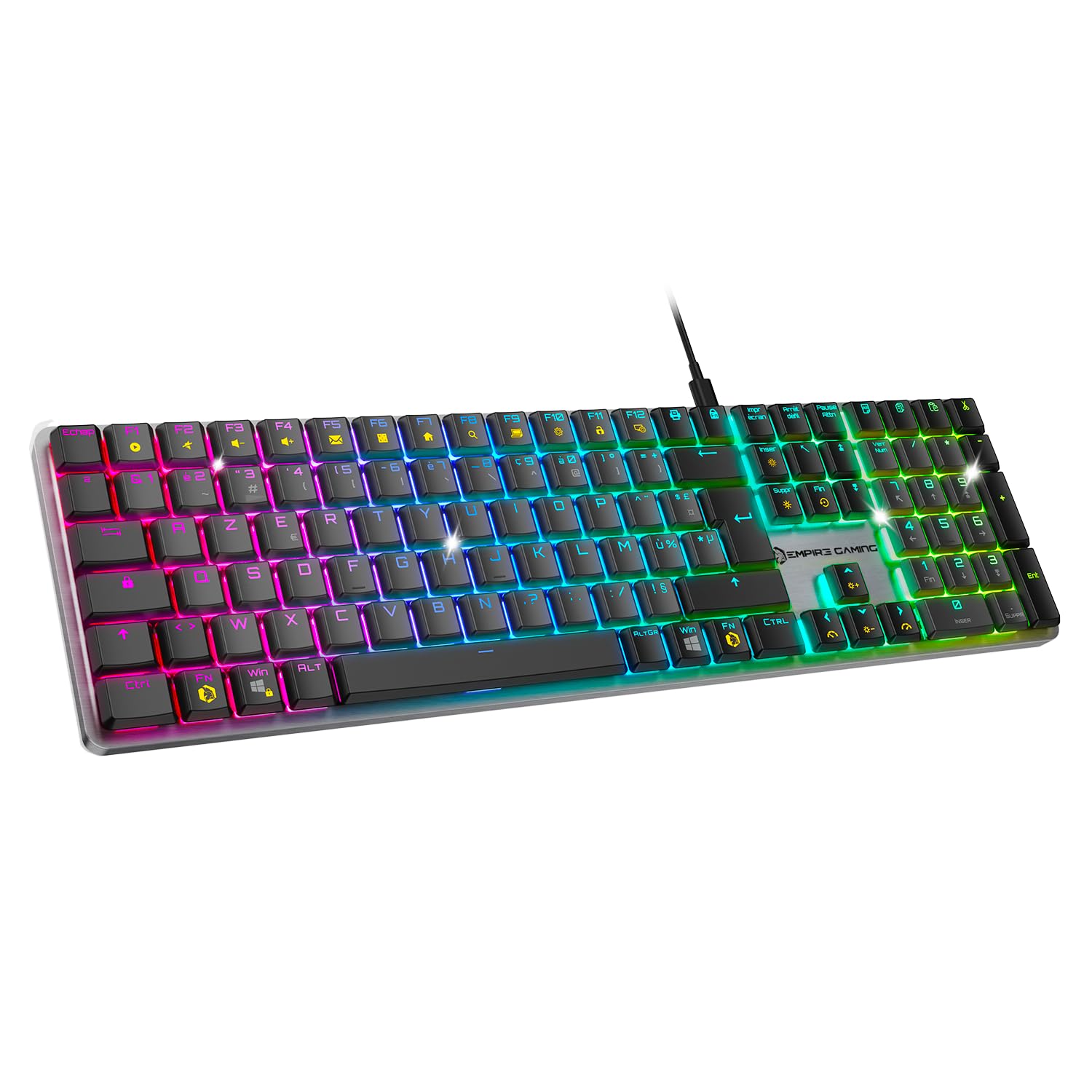 EMPIRE GAMING K243 – Schlanke Low Profile Aluminium Mechanische Gaming-Tastatur Kabelgebunden DE (QWERTZ), 111 Tasten USB-C Abnehmbar, MX Red, RGB 24 Effekte, NKRO, Kompatibel mit PC/PS5/PS4/Xbox