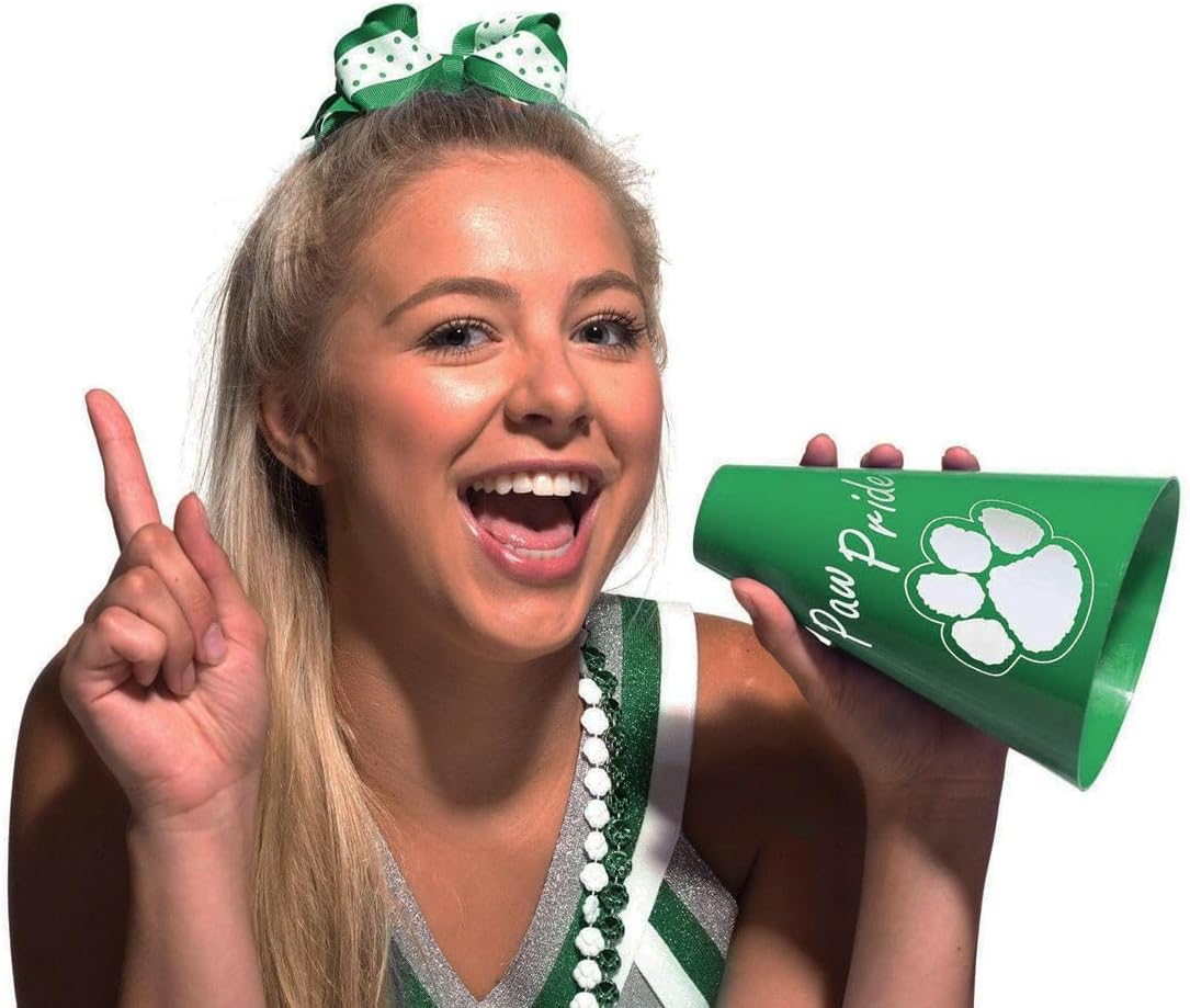 Anderson's Exclusive Green and White Paw Pride 7" Megaphone Noisemaker Boost School Spirit Cheerleader Sports Football Basketball Homecoming Squad Team Party Dance Club Performance Fan Pack of 50