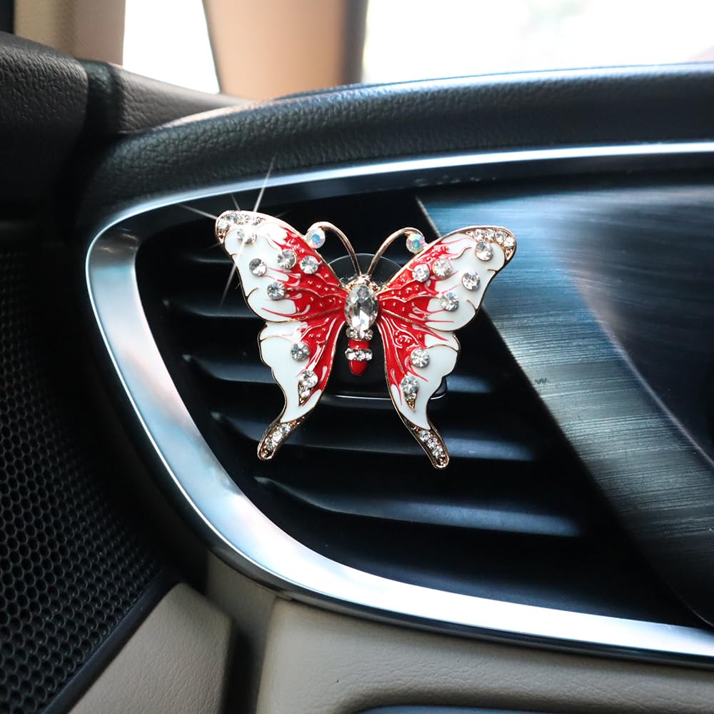 ORIESSE Clips de ventilación para ambientador de coche de mariposa, 2 piezas de bonitas mariposas rojas con aromas de vainilla, accesorios de coche brillantes para mujeres y niñas, ambientador de