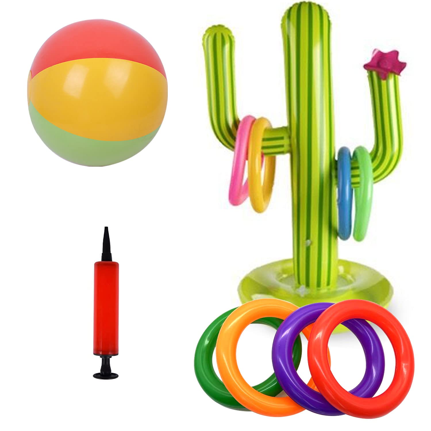 Aufblasbares Kaktus Ring Wurf Spiel Set, 1 Aufblasbaren Kaktus, 1 Aufblasbarer Ball, 8 Farbe Aufblasbare Ringe und 1 Luftpumpe für Sommer Party Kinder Erwachsene Pool Spielzeug