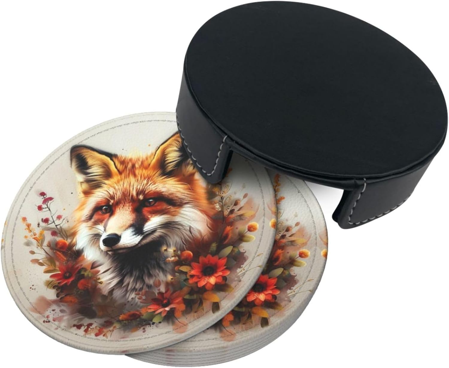 6 Pcs A Beautiful Fox with Flowers Leather Coasters for Drinks with Holder Round Mug Mat Table Desk Coasters Set Cup Coasters for Living Room Kitchen Coffee Decor