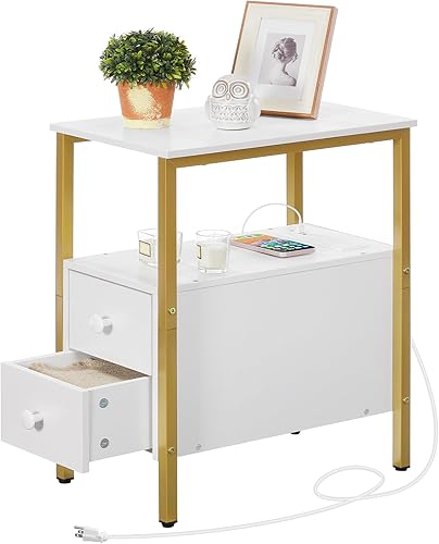 Miniatura 8 de HOOBRO Mesa auxiliar con estación de carga, mesa auxiliar estrecha con 2 cajones, puerto USB y tomas de corriente, mesita de noche para espacios
