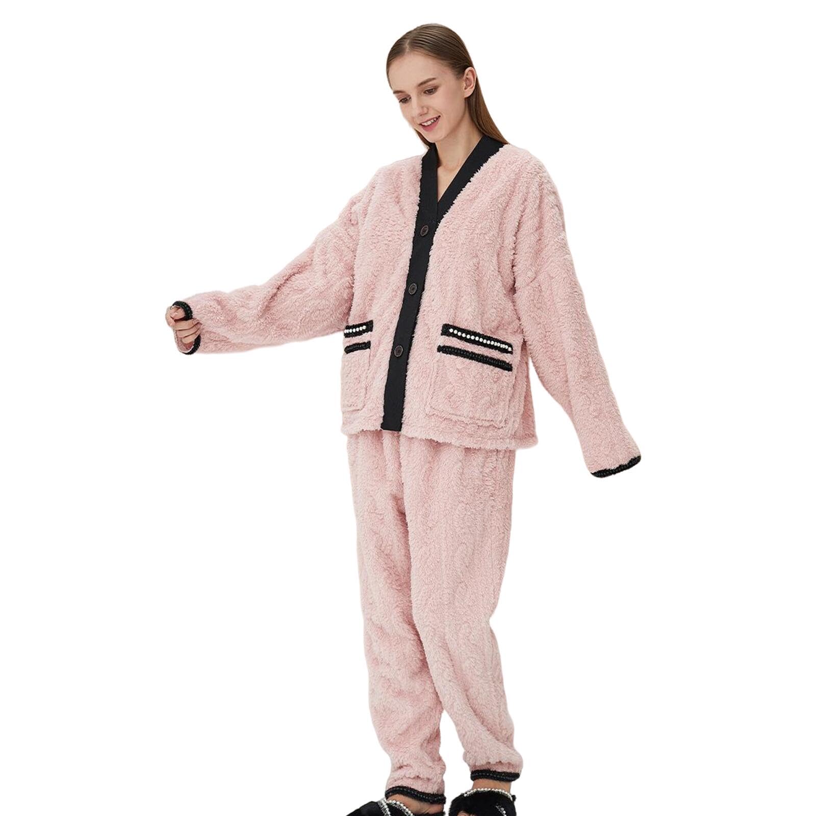 Pigiama Invernale da Donna Pigiama da Donna in Caldo Pile Corallo, Elegante Set di Casa con Cardigan Abbottonato con Scollo A V