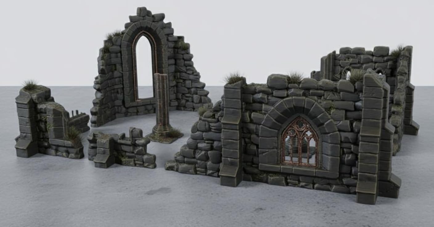 9er Set Klosterruinen für Tabletop – 28mm & 32mm Gelände Gotische Ruinen, 3D-Druck aus PLA-Kunststoff, Tabletop Zubehör für Wargaming, Miniaturen, D&D & Warhammer 40k, Grau