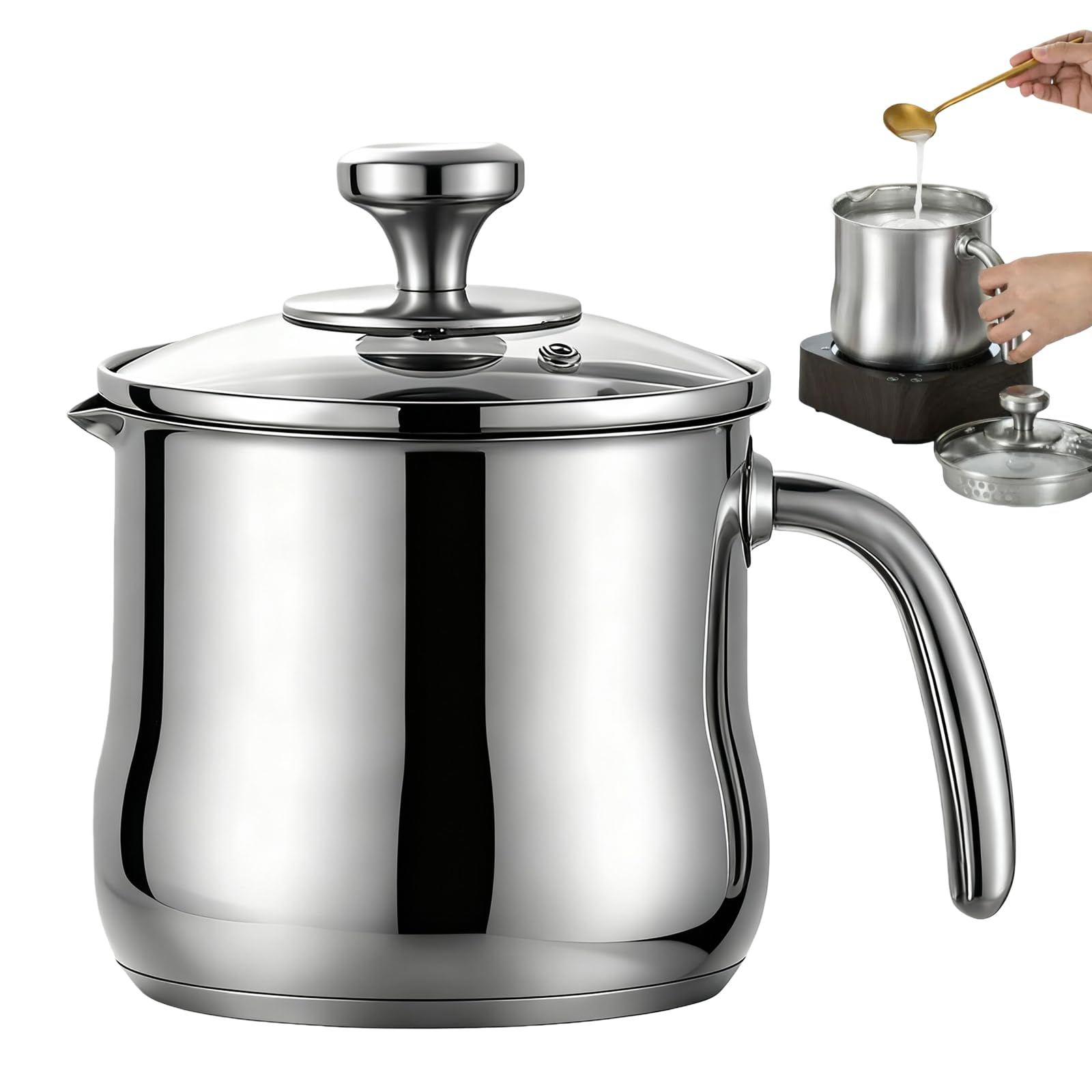Olla a fuego lento de 2L de acero inoxidable y cazo de inducción de 14 cm con tapa