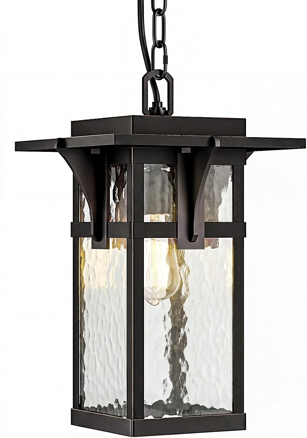 Outdoor Pendant Light,Black Gold Aluminum Outdoor Chandelier, Metal Exterior Hanging Porch Light with Water Ripple Glass for Front Door, Entrance,Porch, and Gazebo
