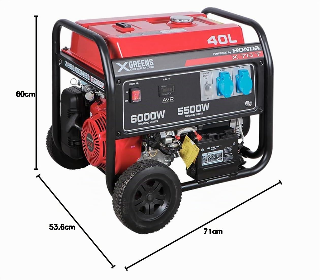 Generador de corriente (gasolina) X70T (máx. 6.000 W, depósito 40 l, AVR, Powered by Honda, ruedas, alerta aceite, trifásico, 2 tomas 230 V, protección térmica y panel digital)