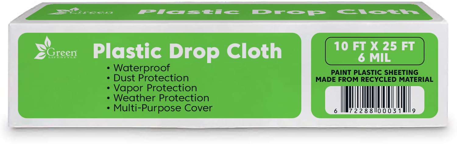 GREEN LIFESTYLE Painters Plastic Drop Cloth, Plastic Drop Cloth for Painting, Plastic Waterproof Tarp Dust Cover for Furniture, Floors, Carpets, Paint Plastic Sheeting, 10x25 6 MIL