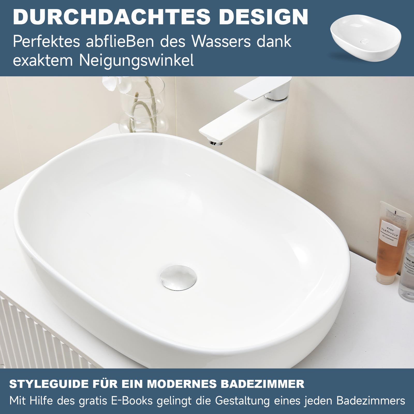 Lavabo ovale en céramique sanitaire de qualité supérieure - 60 x 40 x 15 cm - Lavabo à poser, pour salle de bain et WC d'invités - Sans trou de robinetterie et trop-plein - Blanc - 60 x 40