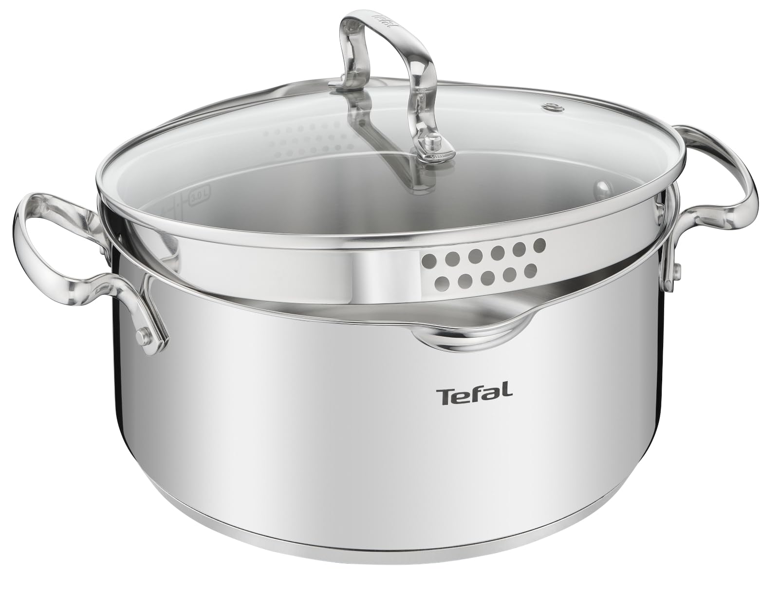 Tefal Duetto+ Kochtopf | Ø 24 cm | Alle Herdarten + induktionsgeeignet | einfache Reinigung in der Spülmaschine | Messskala | Glasdeckel zum Abgießen | 5 Liter Fassungsvermögen | Edelstahl