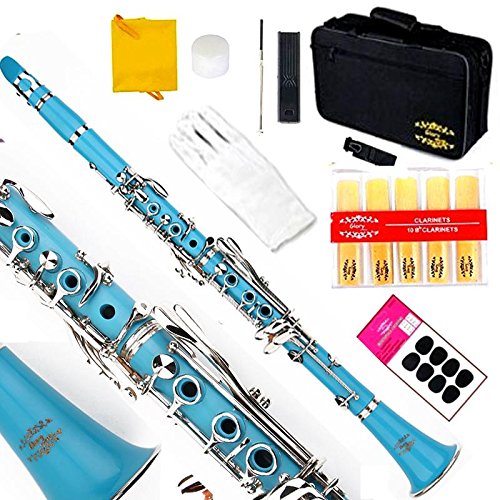 Glory B Flat Clarinet With Second Barrel, 11Reeds,8 Pads Cushions,Case,Carekit And More~ Light Blue #TOP28