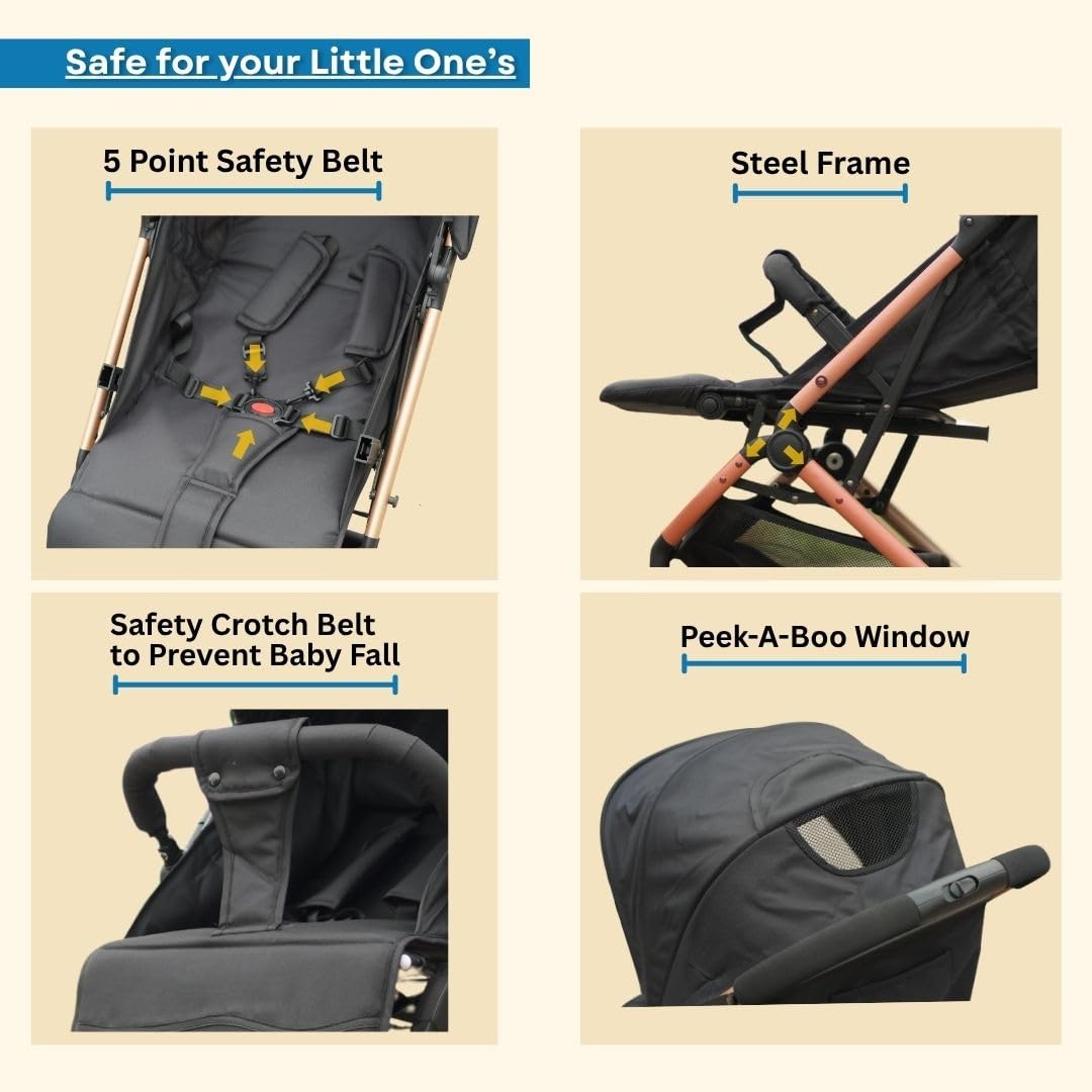Chipzzie Travel Mate Baby Stroller – Pre-Installed, Lightweight, Compact & Travel-Friendly | One-Hand Fold | Full Recline & 5-Point Harness | Newborn to Toddler (0-3 Yrs) | Elegant Rose Gold Frame – Blue 3