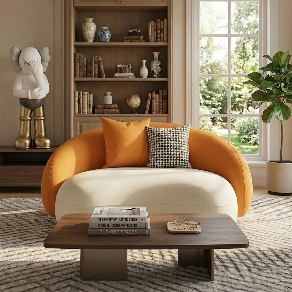 Modern Velvet Loveseat Sofa, 2 Seater Sofa, Golden Metal Legs, Round Pillow, for Living Room, Bedroom, Guestroom, Hallways (Orange/Beige)-image-13