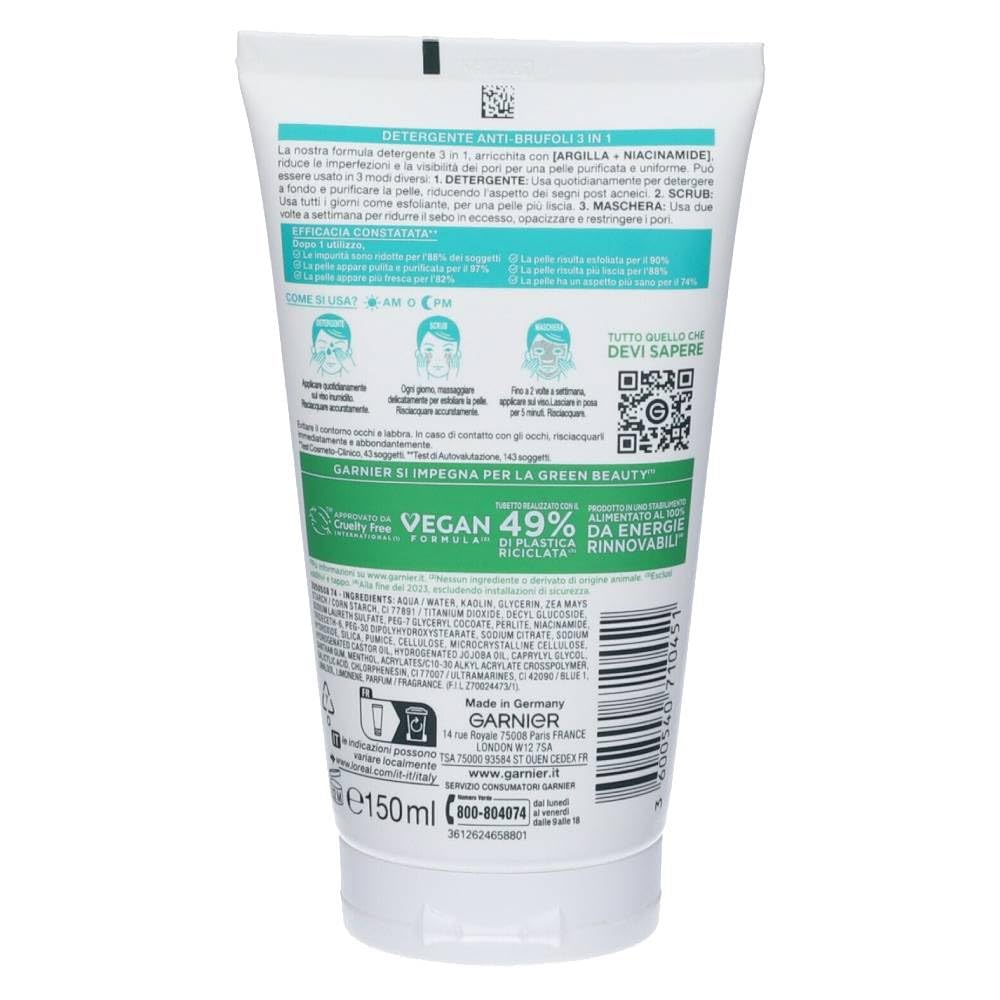 Garnier Czysta Skóra 3w1 Żel myjący peeling maseczka, cera tłusta z niedoskonałościami, 150 ml
