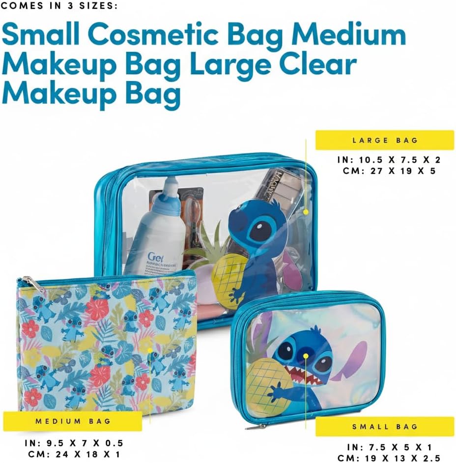 Disney Lilo and Stitch Cosmetic Case Set - Girls, Boys, Teens, Adults - Officially Licensed Lilo and Stitch Travel Cosmetic Case 3 Piece Set (Blue)
