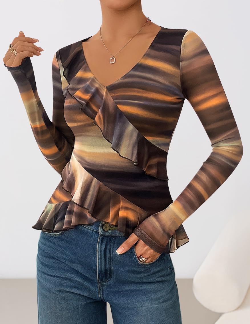 ZESICA Women's Long Sleeve Floral Shirts V Neck Going Out Ruffle Tops Blouses 2026 Fall Fashion Clothes Outfits - Image 3