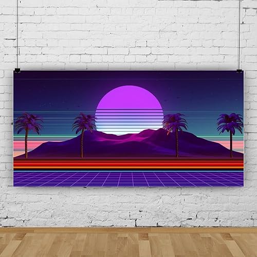 Miniatura 2 de Renaiss Pancarta retro futurista de 10 x 5 pies, estilo retro retro de los años 80, paisaje digital, fotografía, fondo, carretera, palmeras,