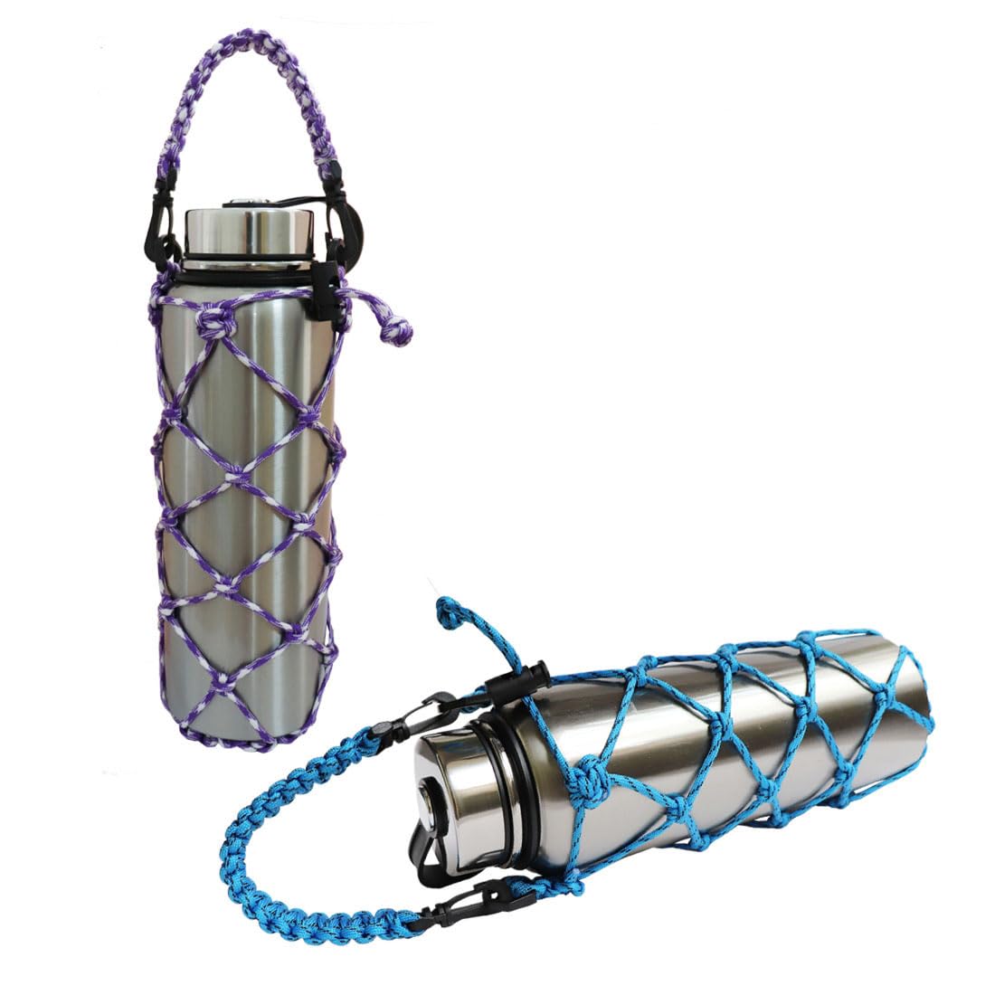 CigyYogy Paracord Holder Water Bottle Carrier Sling Sleeve for Hydro Flask Tumbler Hold 12 18 24 32 40 oz Stainless Steel or Plastic Insulated Bottle Flask- Pack of 2 (Blue,Purple)
