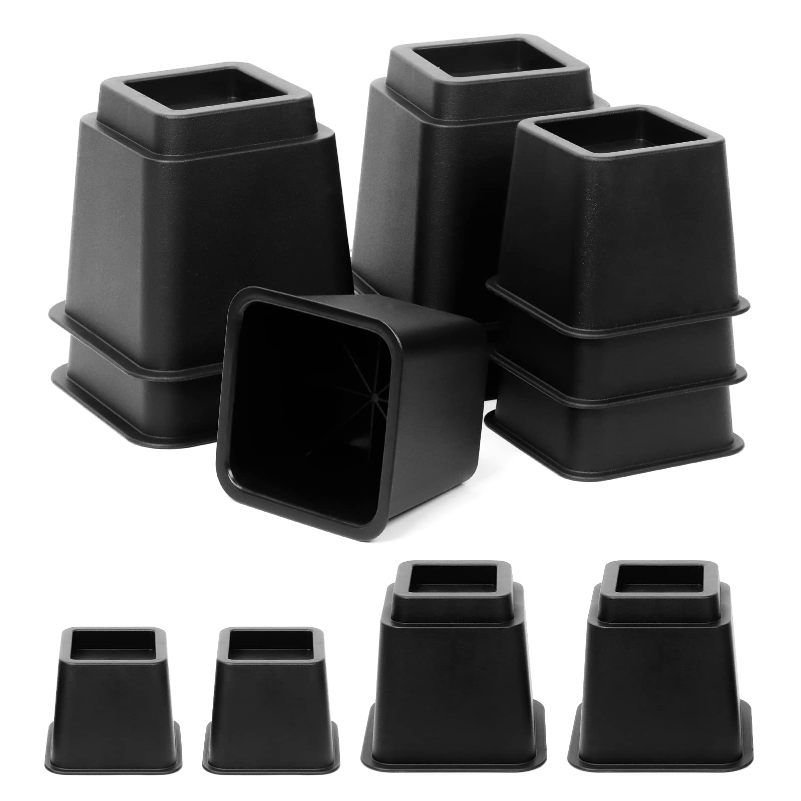 8Pcs Adjustable Bed Risers, Black Stackable Bed Frame Risers, 4 Large and 4 Small Bed Height Risers, Elevation in Heights 3, 5 or 8 Inch, Heavy-Duty Furniture Riser for Table, Couch and Chair