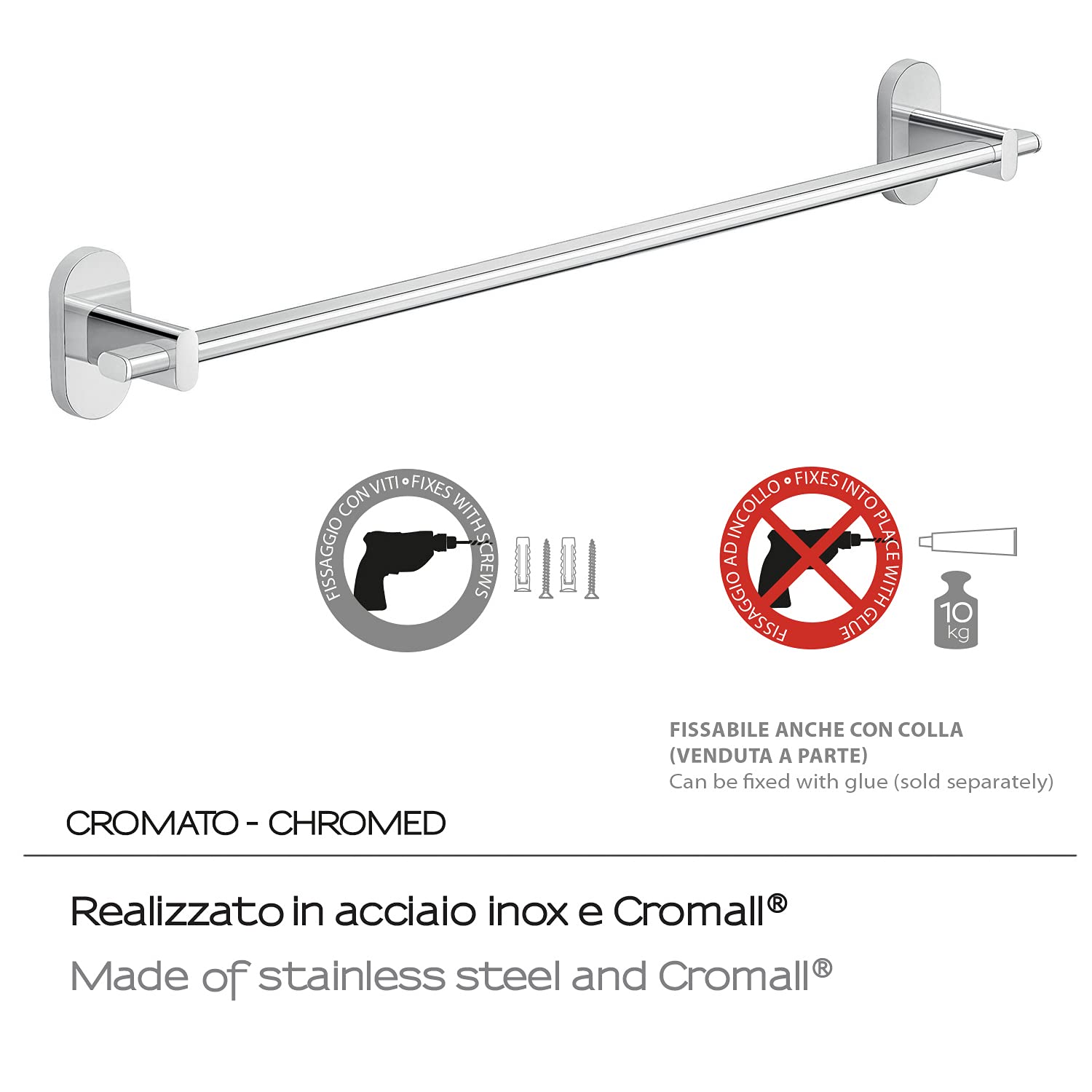 Porta Asciugamani Da Bagno Cromato 60cm GEDY | In Acciaio Inox Con Fissaggio A Colla - Foto 14