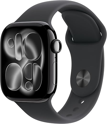Apple Watch Series 11 GPS + Cellular 42mm Smartwatch with Jet Black Aluminium Case with Black Sport Band S/M. Sleep Score, Fitness Tracker, Health Monitoring, Always-On Display, Water Resistant
