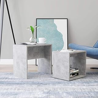 Modern 2-Piece Concrete Grey Coffee Table Set, Space-Saving Engineered Wood Furniture for Living Room Storage, Nesting Sid...