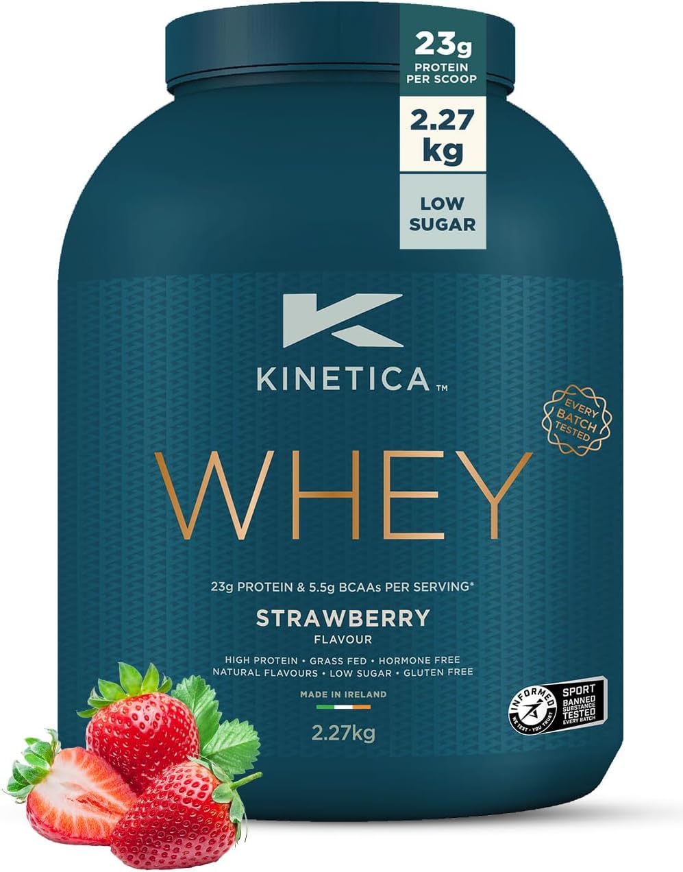 Kinetica Protéine Whey en Poudre, Fraise, 23 g de protéines/portions, 76 portions, poudre de protéine de lactosérum de l'UE, sans gluten, convient aux végétariens, pot de 2,27 kg