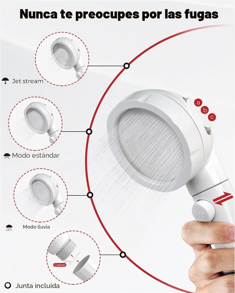 CAMPLUX Ducha de Mano de Alta Presión con 3 chorros, Interruptor ON/OFF, Manguera Roja de Extensión de 3,5 Metros, Conector de Clip, Conexión Universal G1/2'', SH12