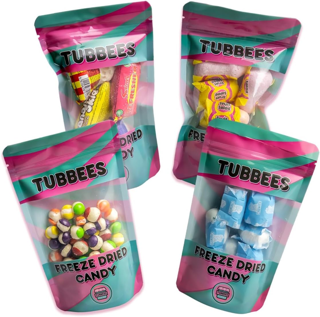 Tubbees Freeze Dried Sweets, 4 Pack Favourties Selection Bundle, Skittles, Refreshers, Chewits and Fruit Salad
