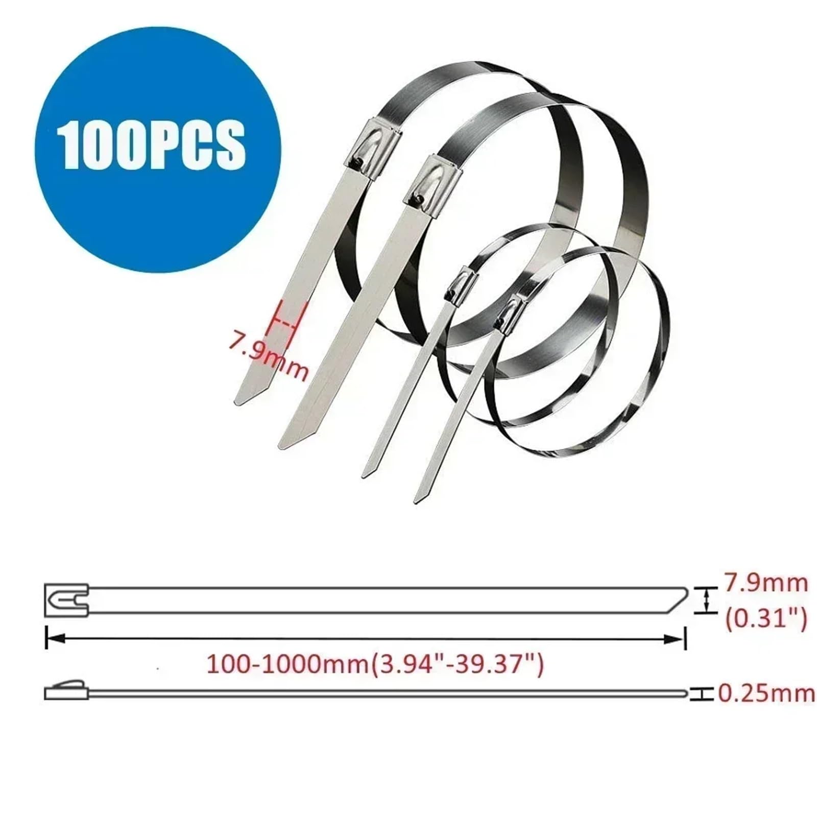 Metalowe opaski zaciskowe, 100 sztuk samoblokujących opasek kablowych ze stali nierdzewnej 4,6-12 mm x 100-1500(7.9mm,1200mm)
