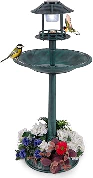 PETSITE Solar Bird Bath, Pedestal Bird Bath with Bird Feeder, Flower Planter Base, and Solar Powered Lamp, Standing Birdbath for Outdoors, Garden, or Yard, 42 Inch Tall Green