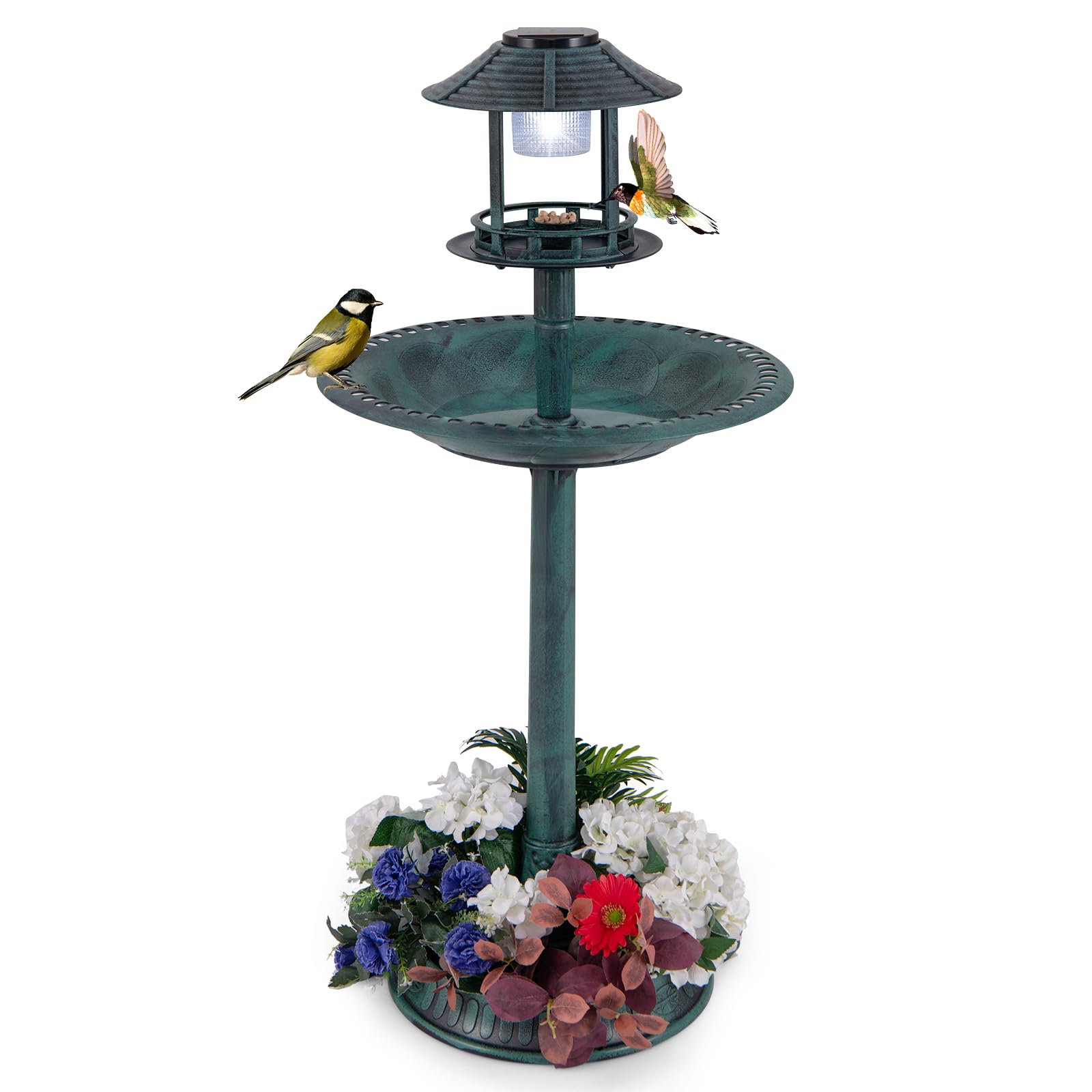 GYMAX Bain d'oiseaux Lumineux Solaire, Mangeoire sur Pied avec Base de Planteur, Abreuvoir d'oiseaux Sauvage Décoratif Vintage pour Extérieur Patio, Jardin, Pelouse (Bronze)