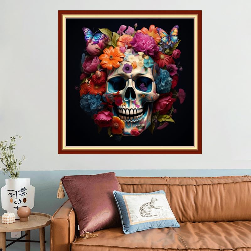 Image of Joyhoor Stamped Cross Stitch Kits for Beginners, Needlepoint Kits for Adults, 11CT Counted Embroidery Kits-Skeleton Flower 18x18 inchs