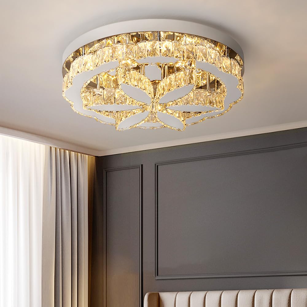 GreeLustr Moderne Kristall Kronleuchter Mit Fernbedienung für Wohnzimmer, Dimmbar Deckenleuchte Kristalle mit Elegantem Design für Schlafzimmer Flur Küche, Silber Deckenlampe Kristall für Decke (50cm)