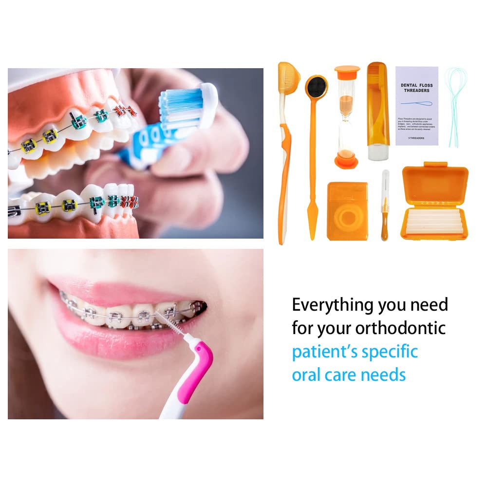 2 x Kit portátil de cuidado oral ortodóntico, kit de viaje para pacientes, cera de cepillado interdental, hilo dental, limpieza de cepillos de dientes 4