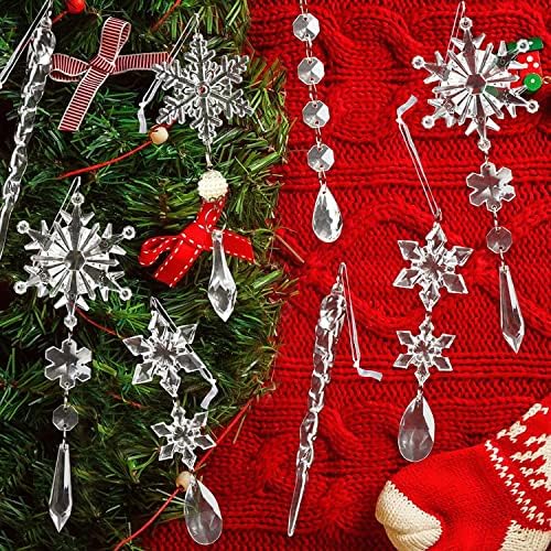 OuMuaMua 18 Pcs Acrylic Snowflake Icicles Christmas Snowflake Ornaments Hanging Icicle Drop Ornaments Set for New Year Party Christmas Tree Wedding Holiday Decorations