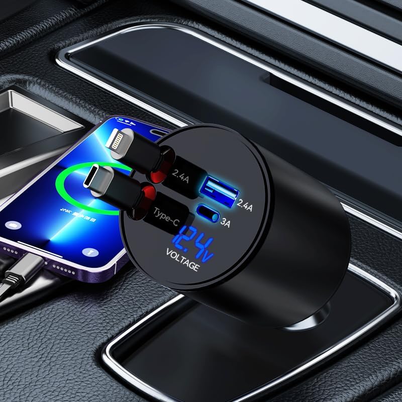 GLILAVOX Retractable Car Charger,4 in 1 Car Phone Charger for iPhone