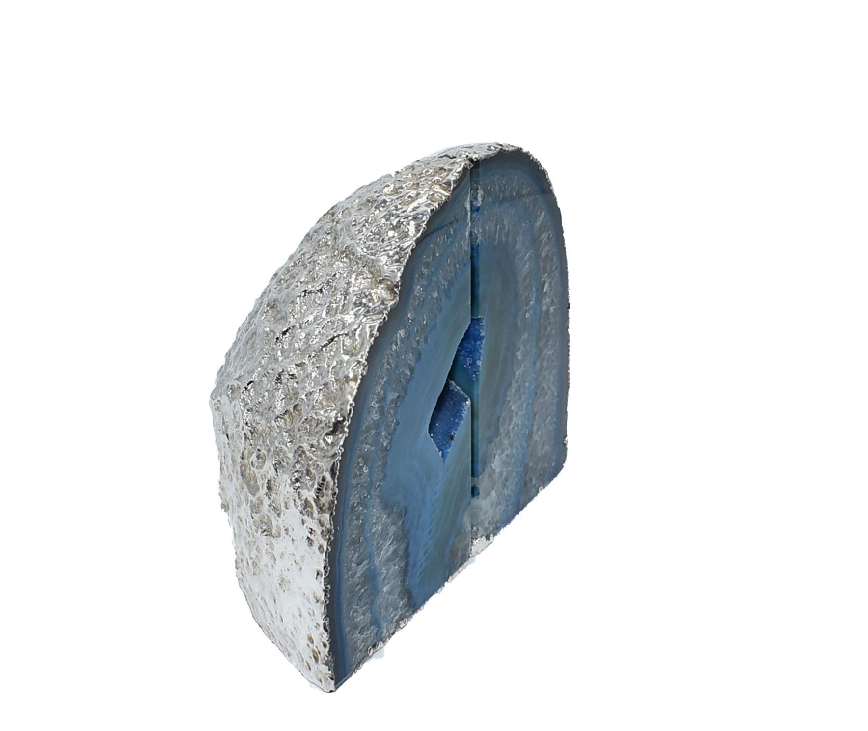 Nature's Decorations Agate Geode Bookends Silver Electroplated Small Bookends for Shelves, Non-Skid Bookend, Book Stopper for Books/Movies/Cds/Video Games, Book Shelf Holder Home Decorative (Blue)