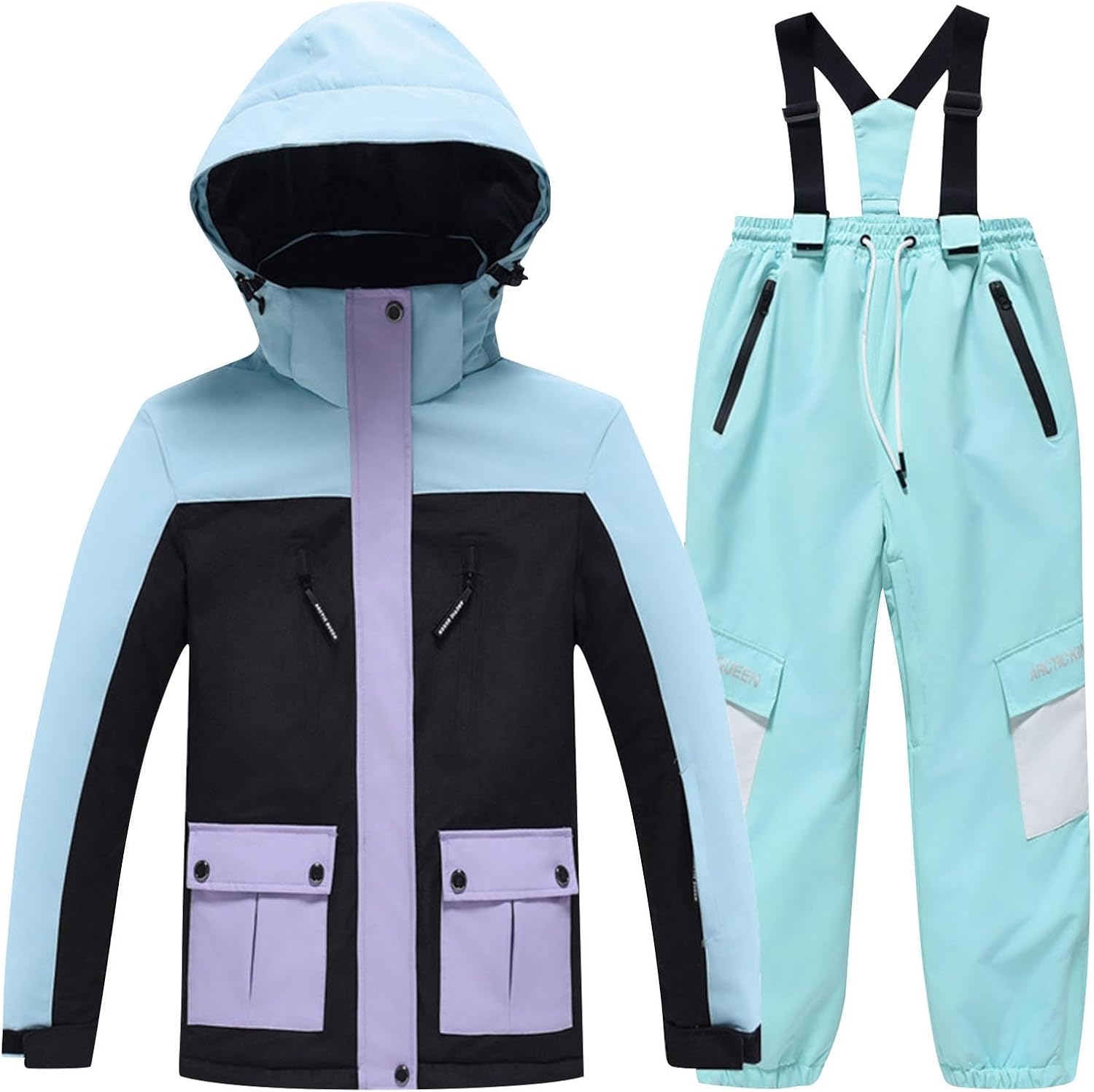 Boys Girls Snowsuit 2 Piece Kids Hooded Windbreaker Jacket Snow Bibs Overall Snow Suits Warm Winter Outdoor Ski Suits