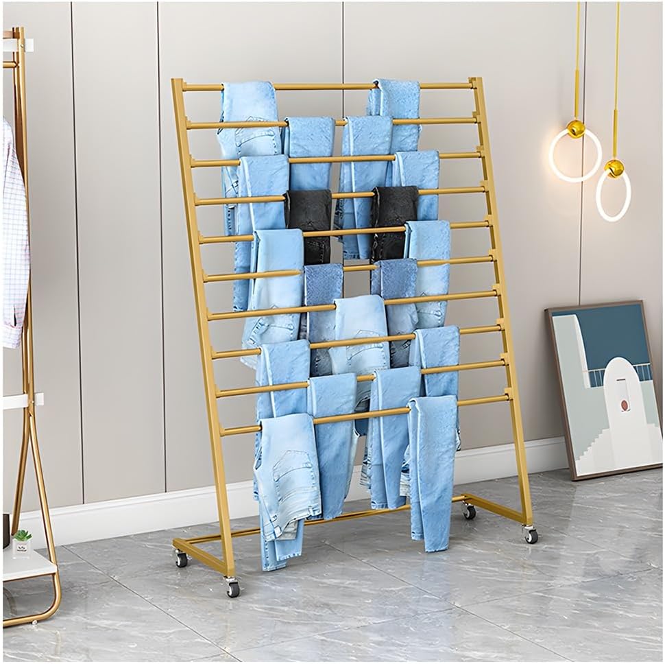Zfmnoyev 10 Tier Metal Scarf Holder Organizer, Freestanding Ribbon Silk Scarf Blanket Rack， Movable Sheets Belt Suit Pants Hanging Shelf, for Commercial Clothing Retail Store(Gold,80x40x155 cm)