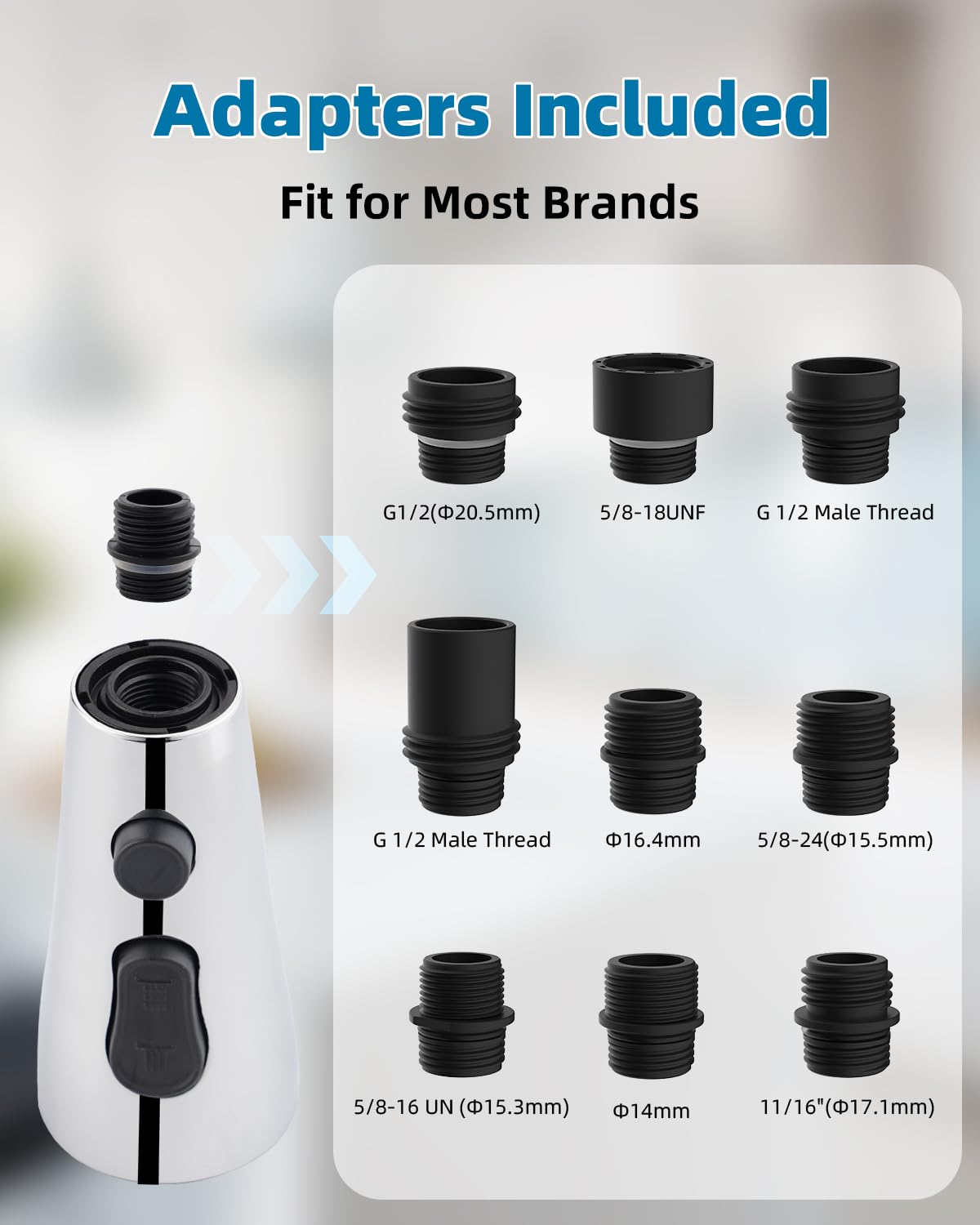 Cabezal universal de repuesto de grifo de cocina extraíble con 15 adaptadores, 3 modos de agua, cabezal rociador de grifo de fregadero de cocina, acabado cromado