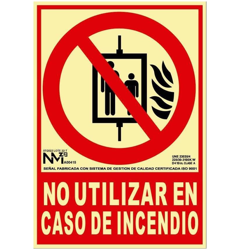 CABLEPELADO Señal No utilizar en caso de incendio, Señalización de Prohibición de Uso en Caso de Incendio, Cartel de No Uso en Emergencia de Incendio, PVC 0.7 mm, ISO 9001, UNE 23035/4, Clase B