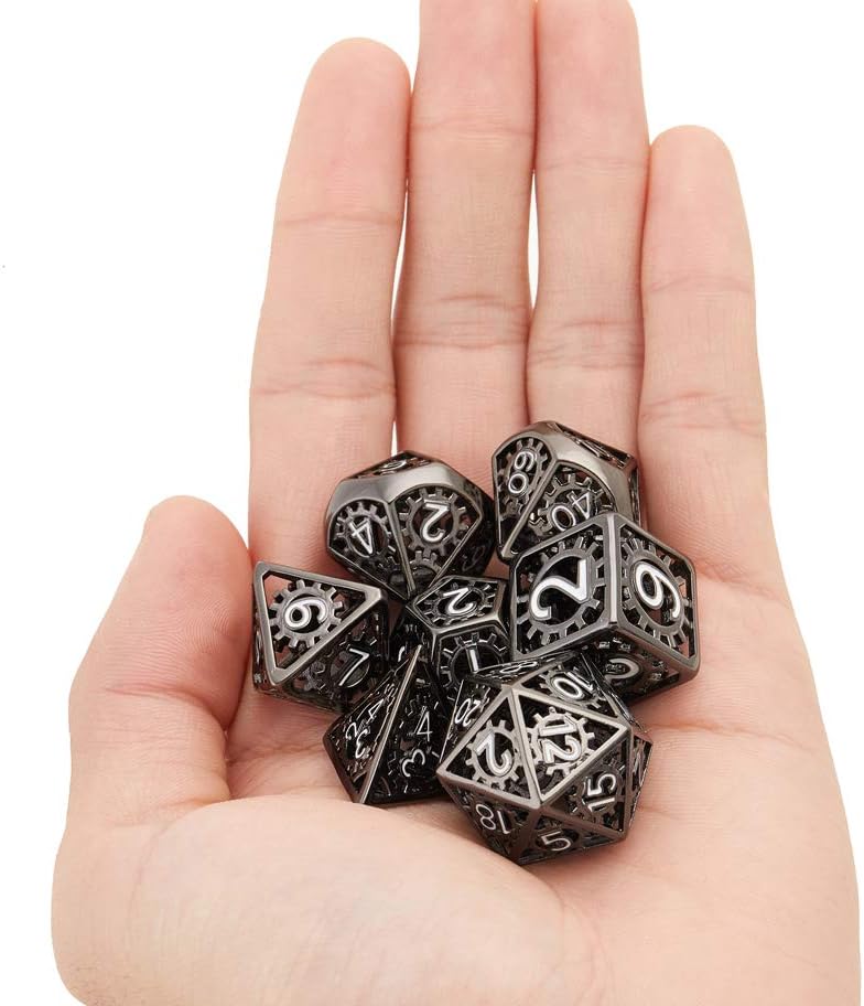Hollow Black with White Number Gear Copper DND dice,DND Metal Game Dice Set,7pcs DND Dice Set Gift for Dungeons and Dragons RPG MTG Table Games D4 D6 D8 D10 D12 D20