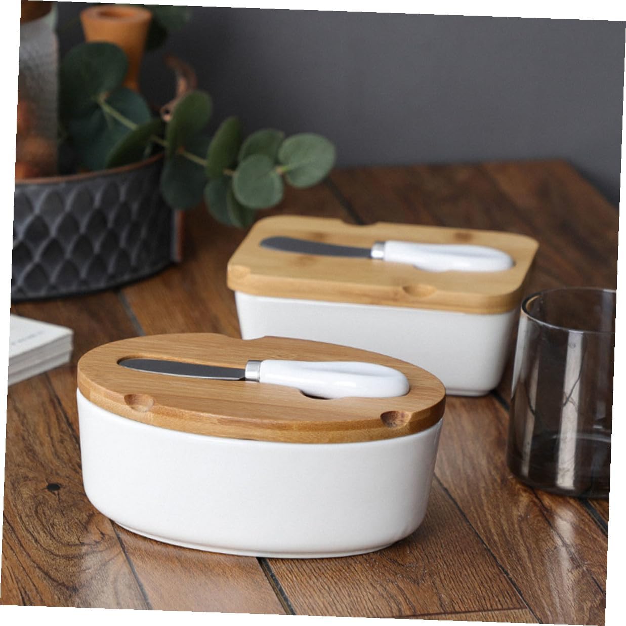 Ceramic Butter Dish with Cutter and Airtight Lid, Square Nordic Style Butter Box Set for Home Kitchen Storage and Serving