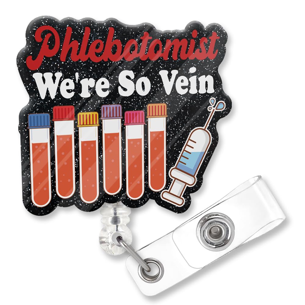 ZBBFSCSB Phlebotomist We're So Vein Fun Black Glitter Badge Reel Retractable with Metal Shark Clip, Cute Badge Holder Gift for Phlebotomy Students,