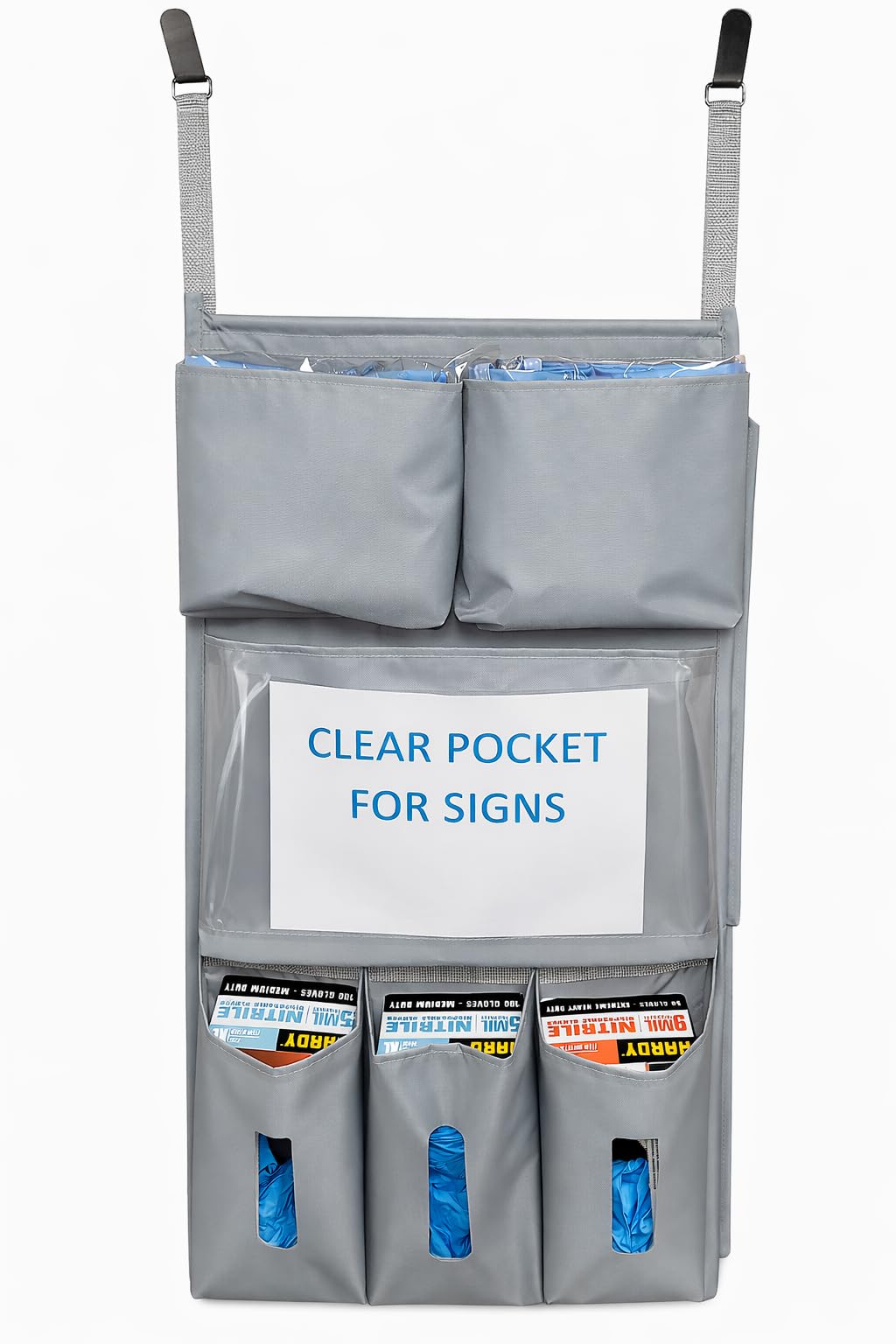 It's Sew EZ PPE Isolation Door Caddy - 8 Pockets - NFPA-701 Fire Resistant Nylon Oxford with Two Stainless Steel Hooks included (Silver)