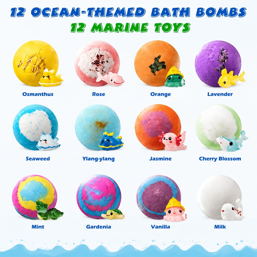 12 Pièces Boule de Bain Enfant avec Surprise, 2026 Bath Bombs Kids, Naturel et Biologique Bulles de Bain, Boules de Sel de Bain Artisanales et Créatives(Ocean)