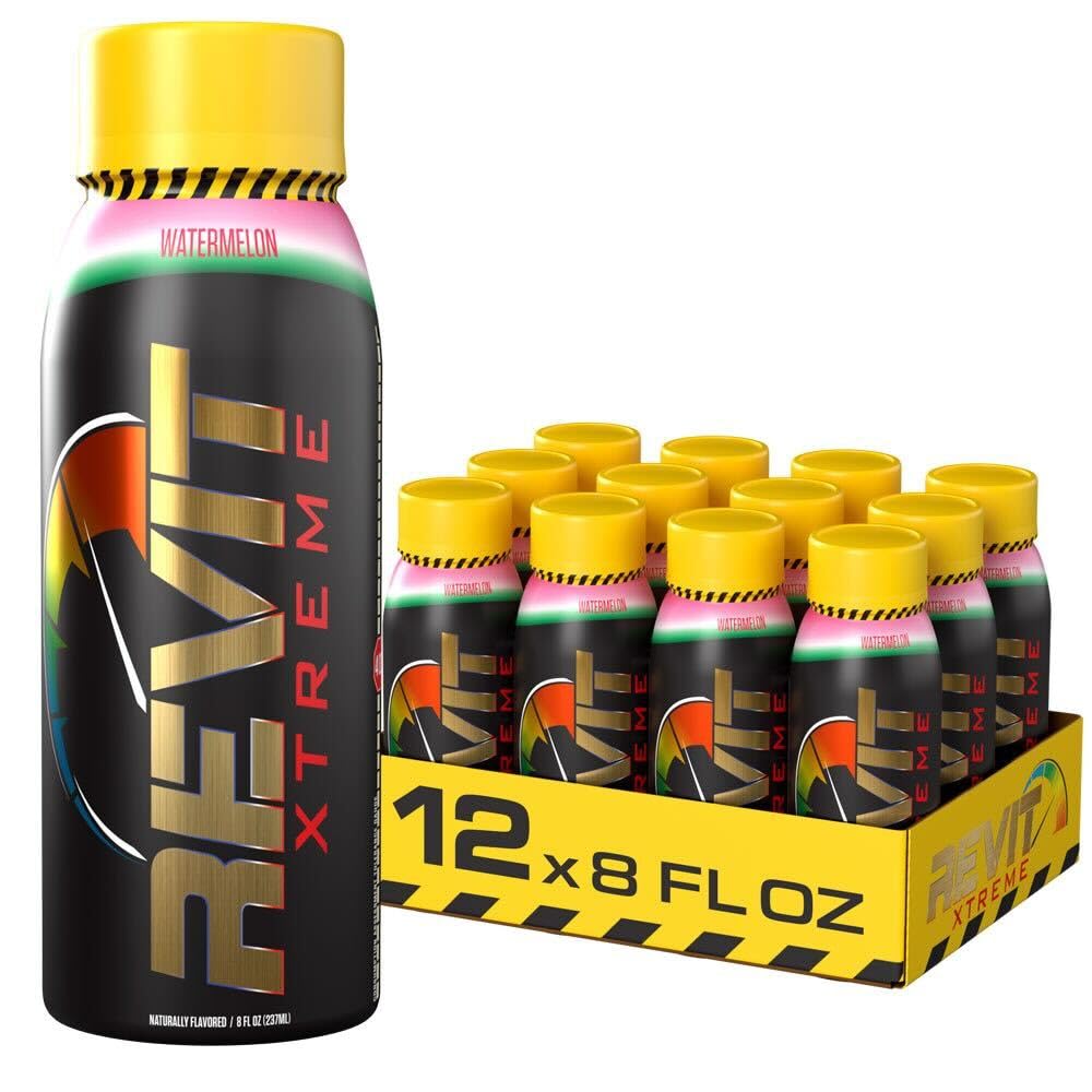 Steel Revit Xtreme Energy Drink Watermelon 8oz (12-Pack) | 375mg Caffeine, 7 Essential Vitamins| Sugar-Free, Resealable Cap, All-Day Energy