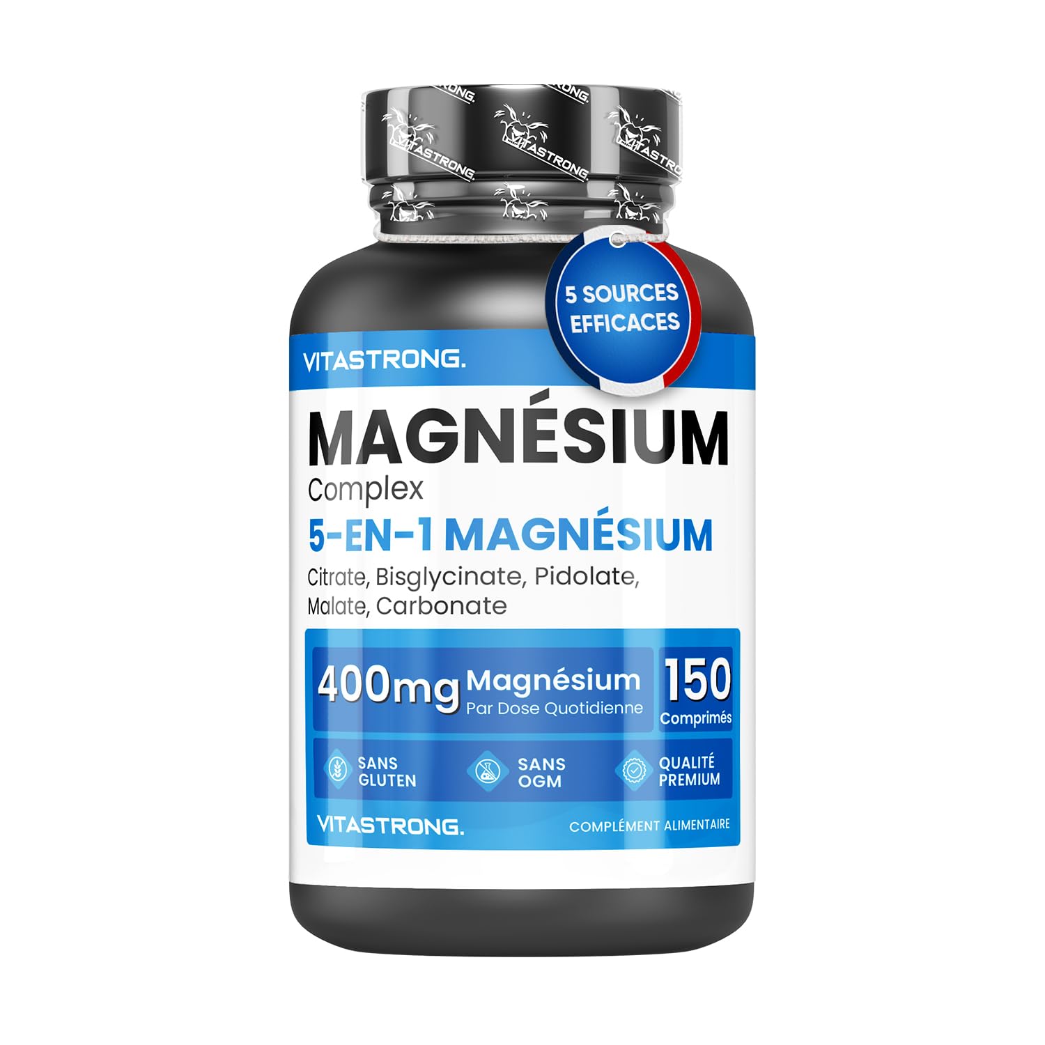 Vitastrong Magnésium Complexe 5 en 1 Magnesium Bisglycinate, Citrate, Malate, PIDolate et Carbonate