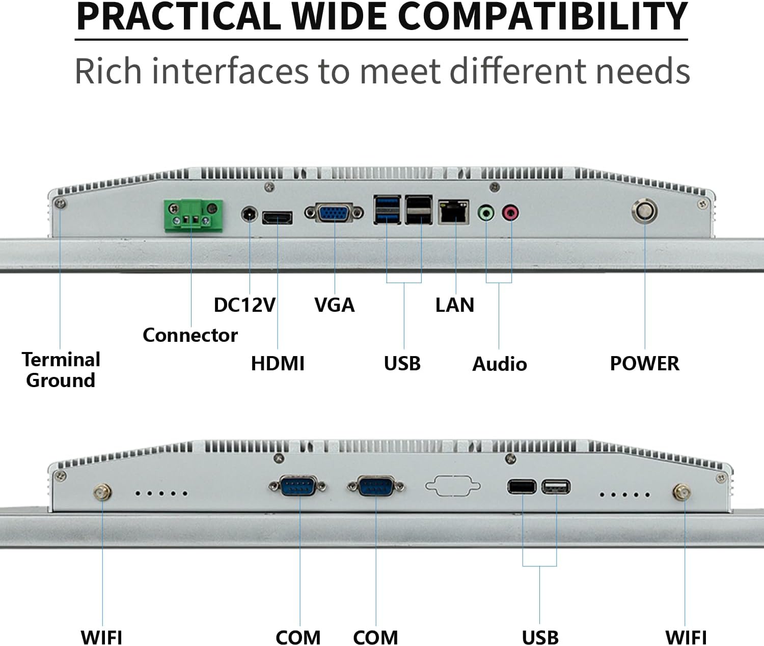 Tukangeun view of the TouchWo Industrial PC Monitor showing various ports including DC12V, VGA, LAN, HDMI, USB, Audio, and Phoenix2pin connector.